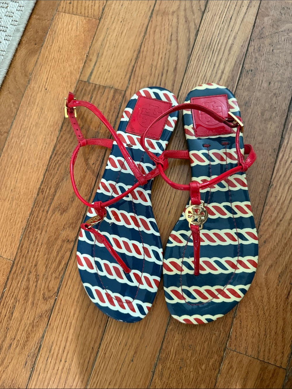 Tory Burch Navy, Red & Cream Rope-Print leather  Thong Sandals